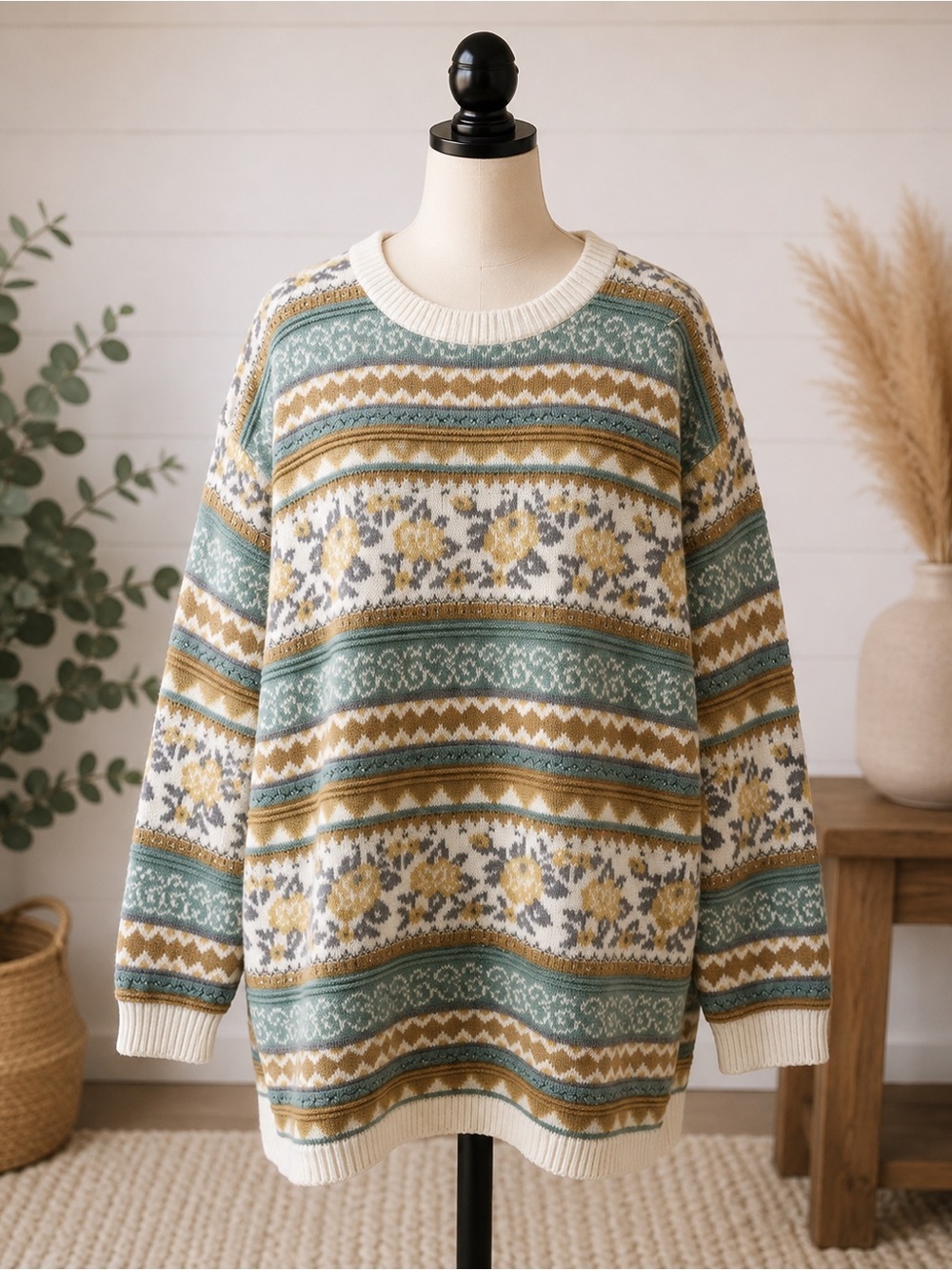 Simply Petites Vintage Fair Isle Floral Sweater Women’s Large Teal Mustard